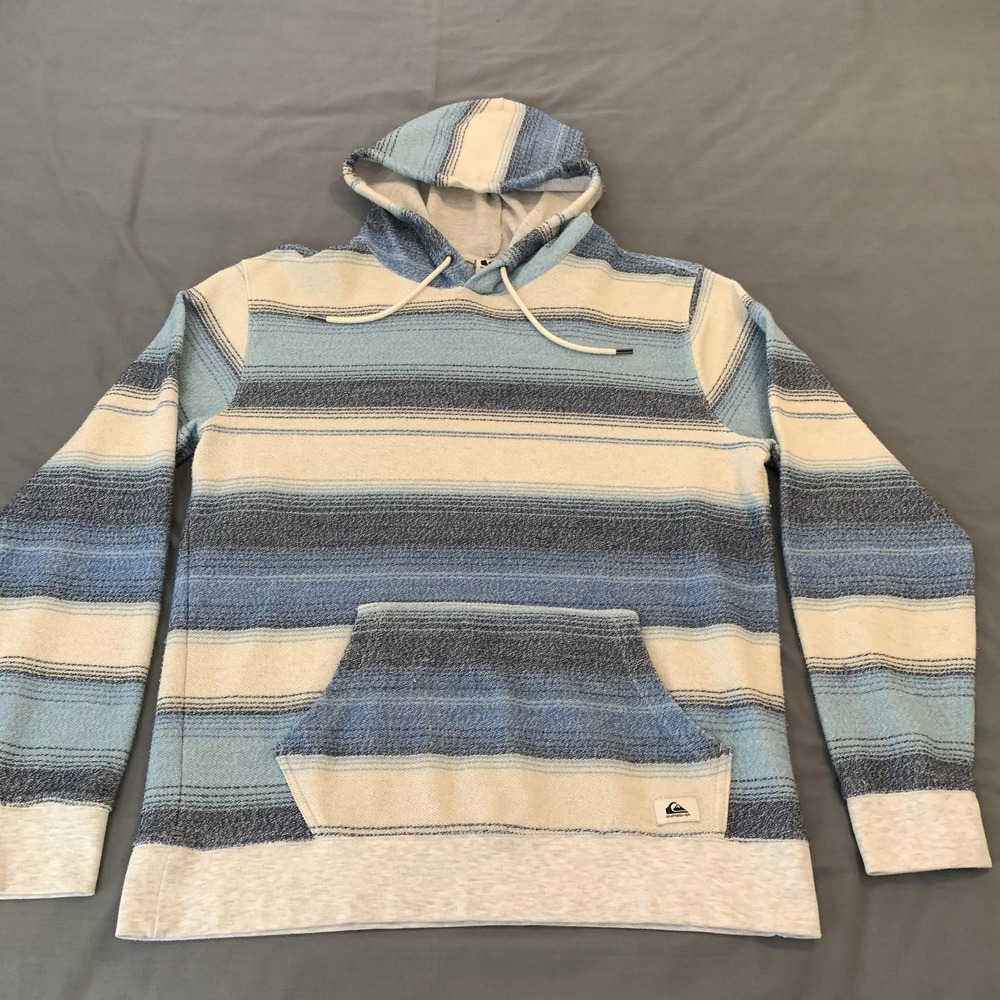 Quiksilver Hoodie Mens XL Blue Striped Knit Lightweight Pullover Sweatshirt
